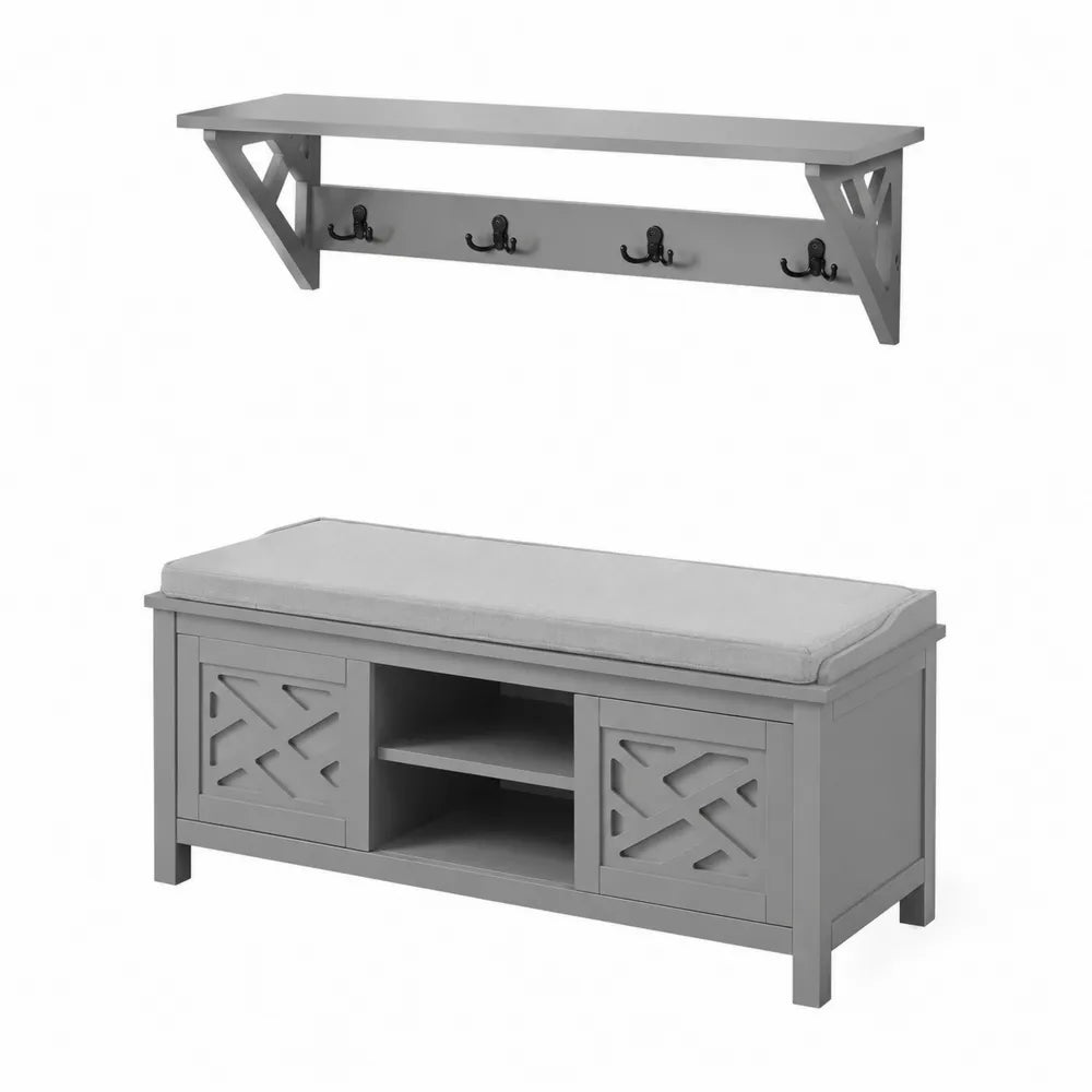 Banc en bois avec rangement et patère murale en métal Gris