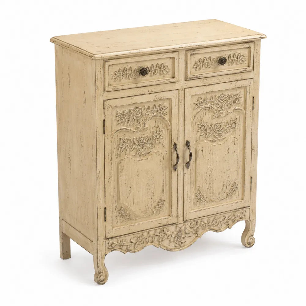 Buffet en bois sculpté beige avec détails floraux