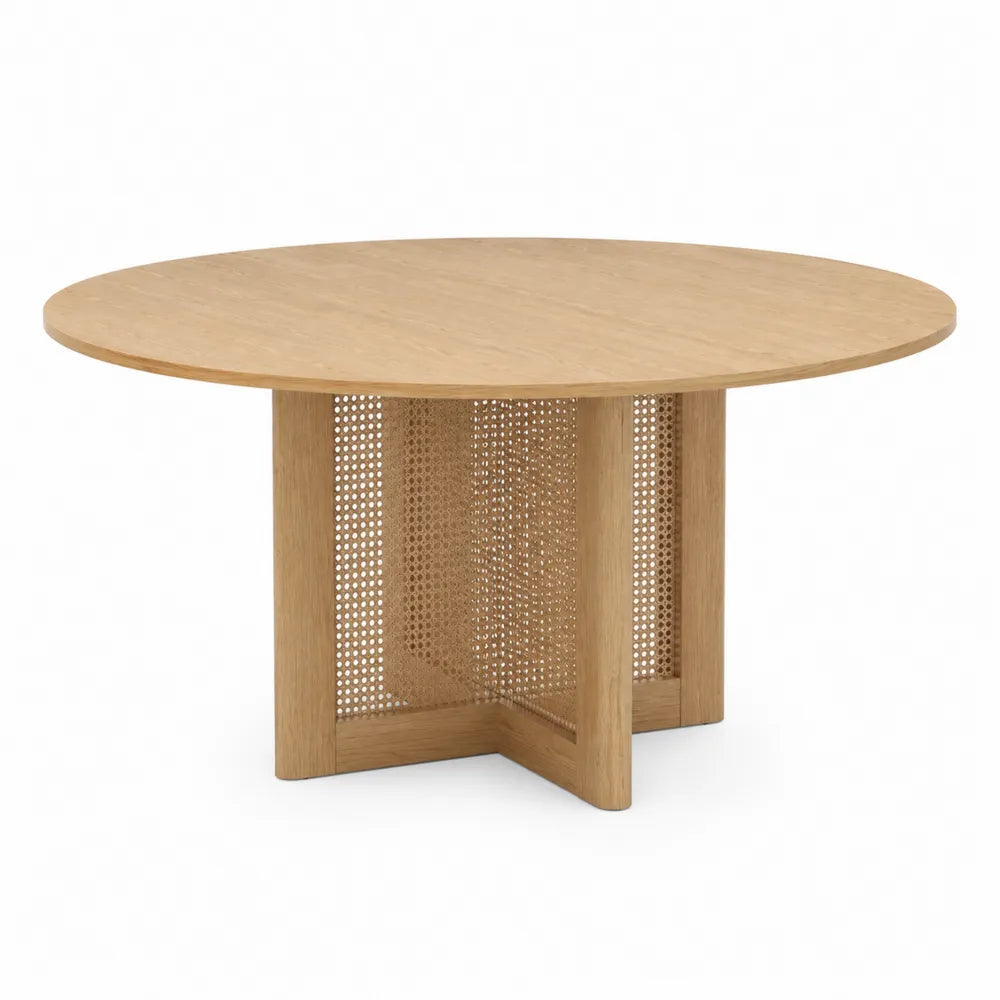 Table à manger ronde en bois de chêne avec détails en cannage 120 cm