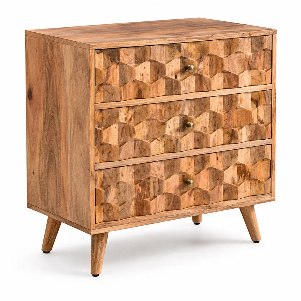 Commode en bois d'acacia à 3 tiroirs avec motif géométrique