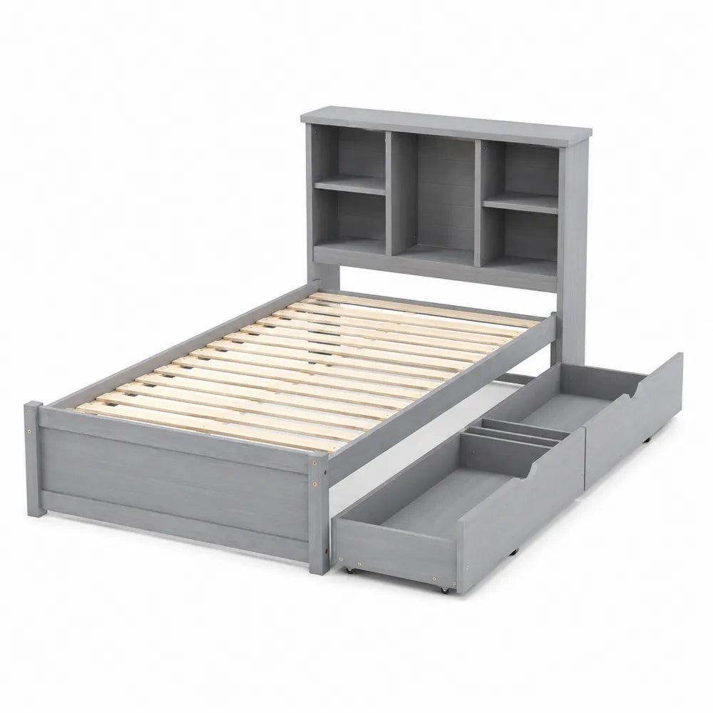 Lit simple en bois avec tiroirs de rangement et étagère - Gris