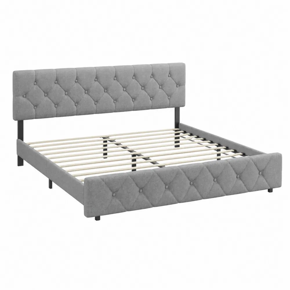 Lit Double en Tissu Gris avec Tête de Lit Matelassée 160x200 cm