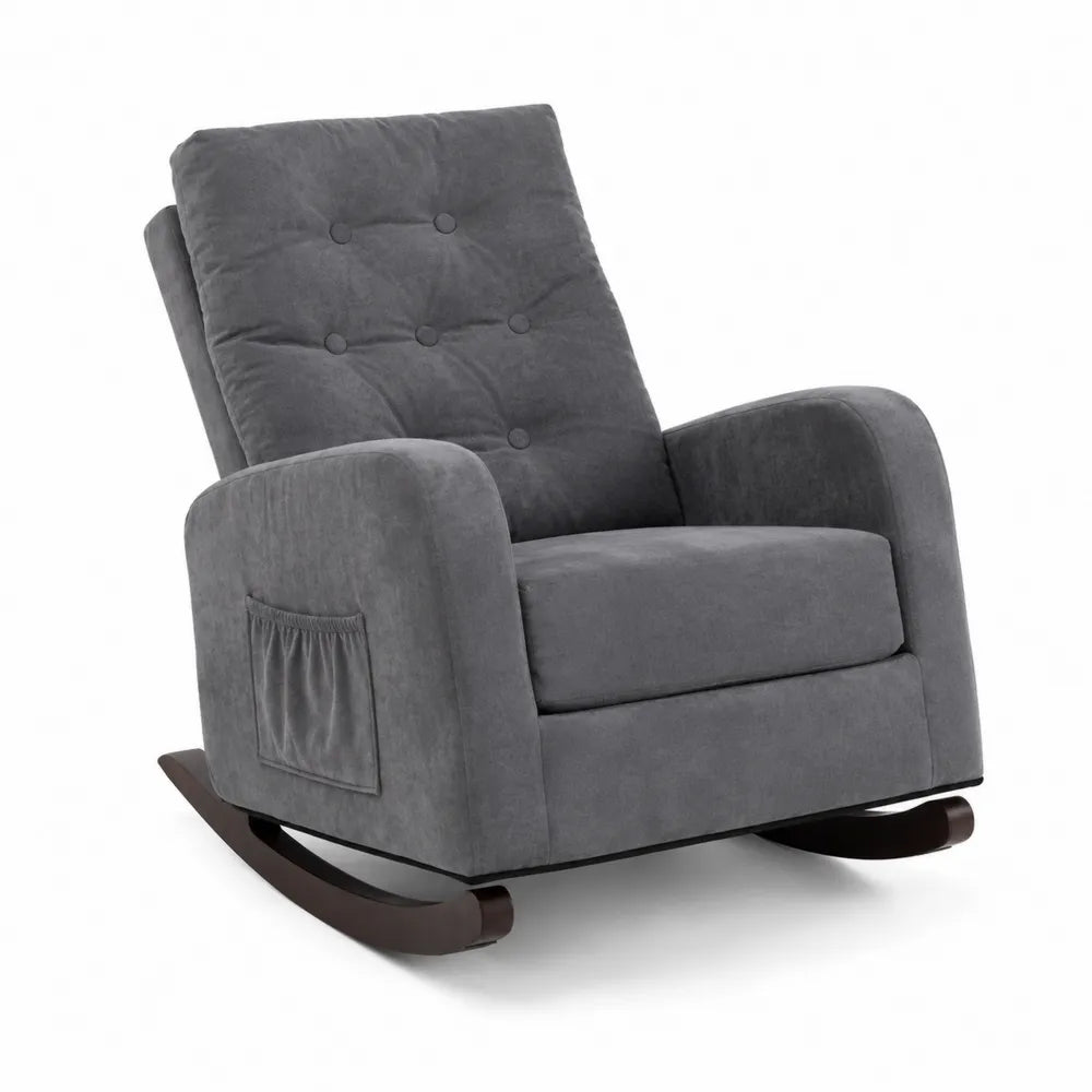 Fauteuil à bascule en bois et velours gris