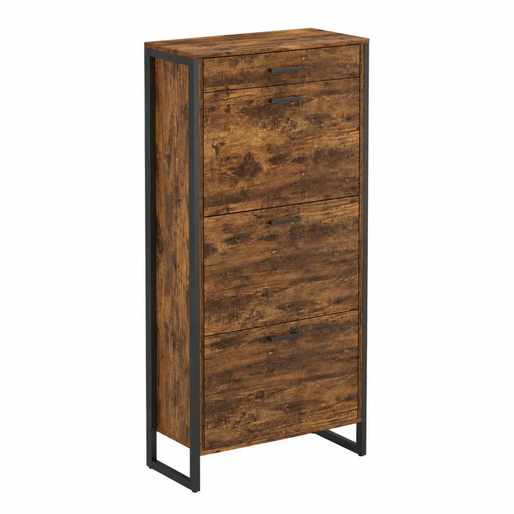 Meuble à chaussures en bois et métal marron, 4 tiroirs basculants