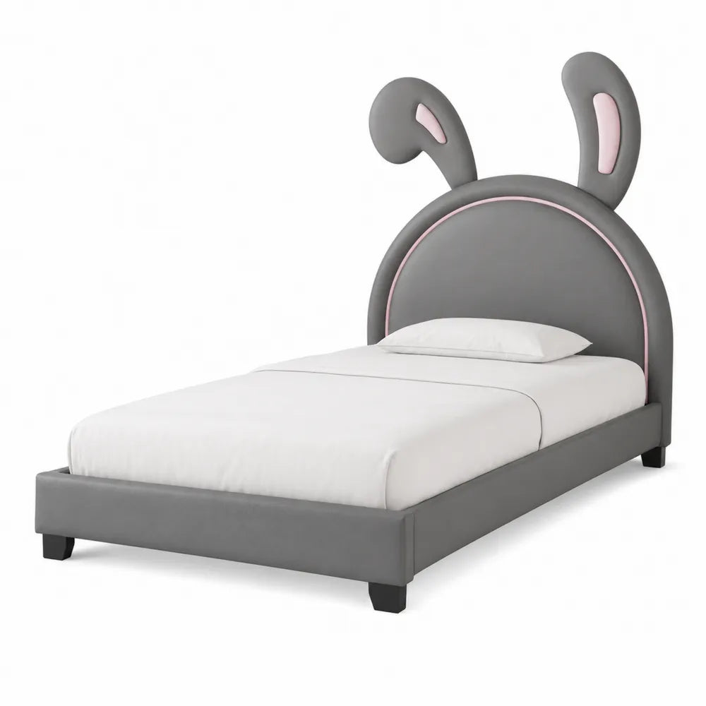 Lit enfant gris avec oreilles de lapin en bois et PU 200x90 cm