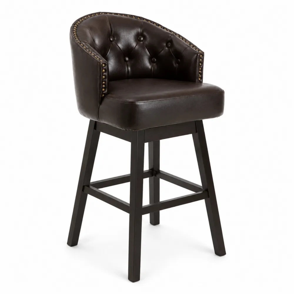 Tabouret de Bar en Cuir Marron avec Cadre en Bois