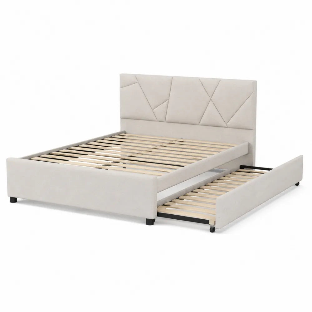 Lit double en bois avec rangement en tissu polyester beige